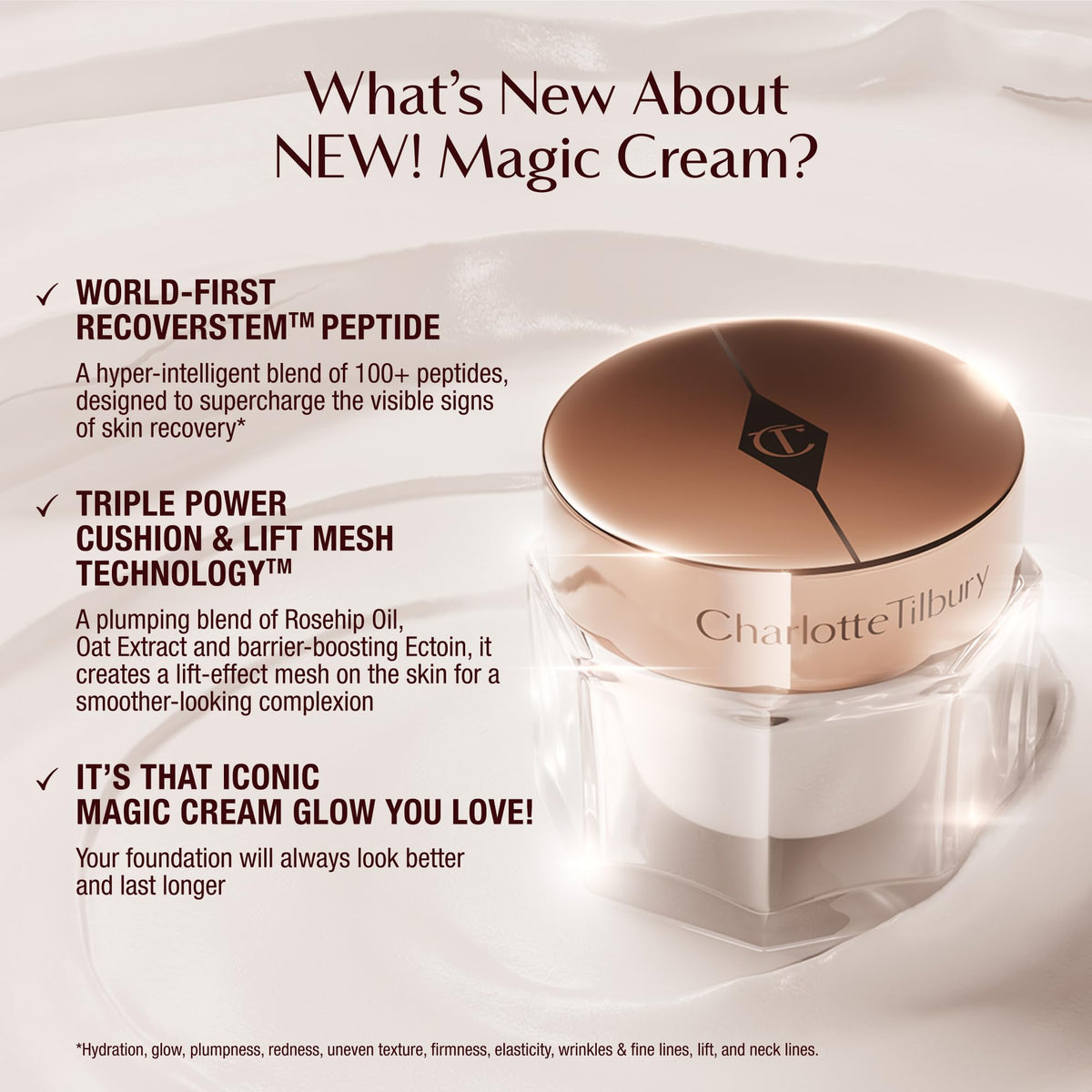 Charlotte Tilbury ingredient display with peptides and hyaluronic acid benefits