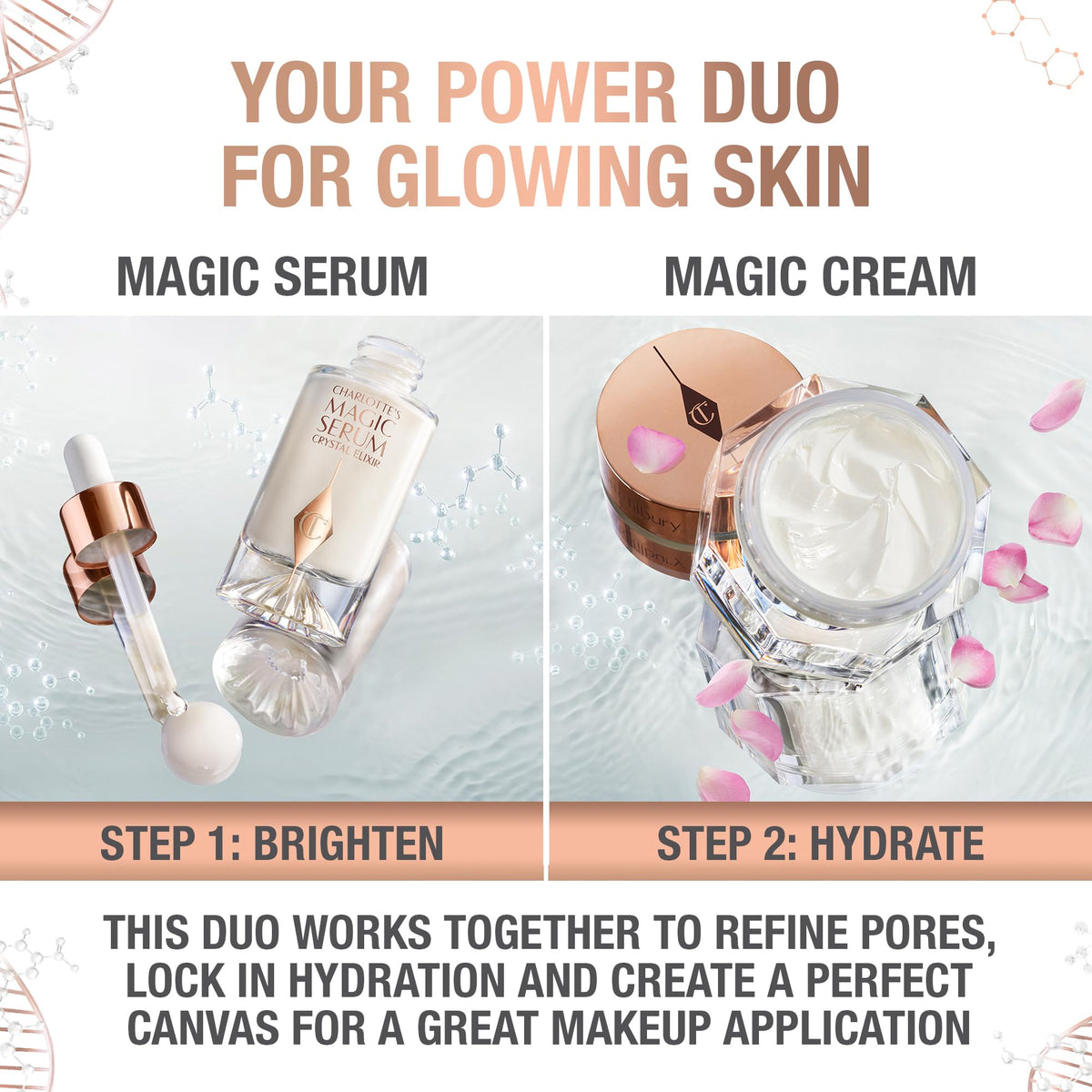 Charlotte Tilbury before-and-after makeup prep using serum to show smoother, luminous skin