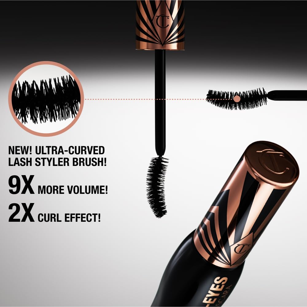 Charlotte Tilbury mascara texture swipe showing rich vinyl-black pigment payoff