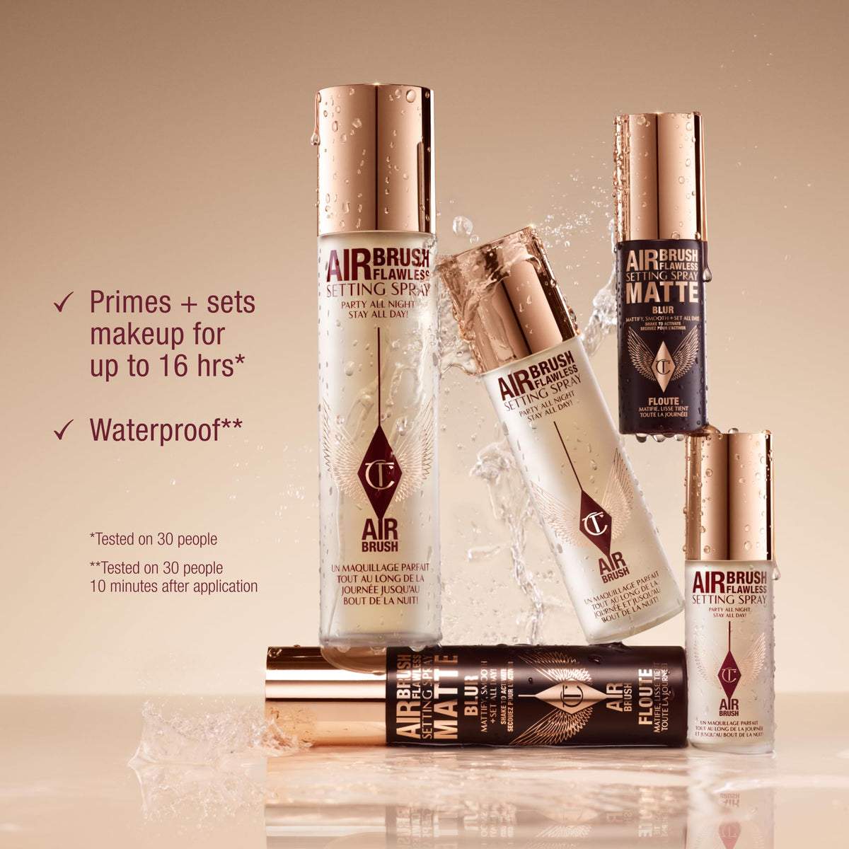Model using Charlotte Tilbury mist for refreshed, airbrushed makeup finish