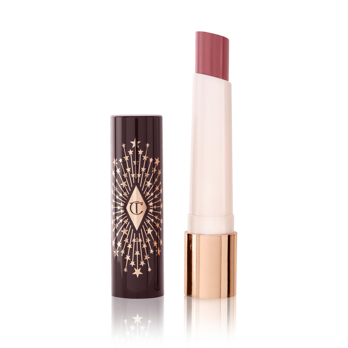 Charlotte Tilbury Pillow Talk tube front view showing applicator and effortless glide