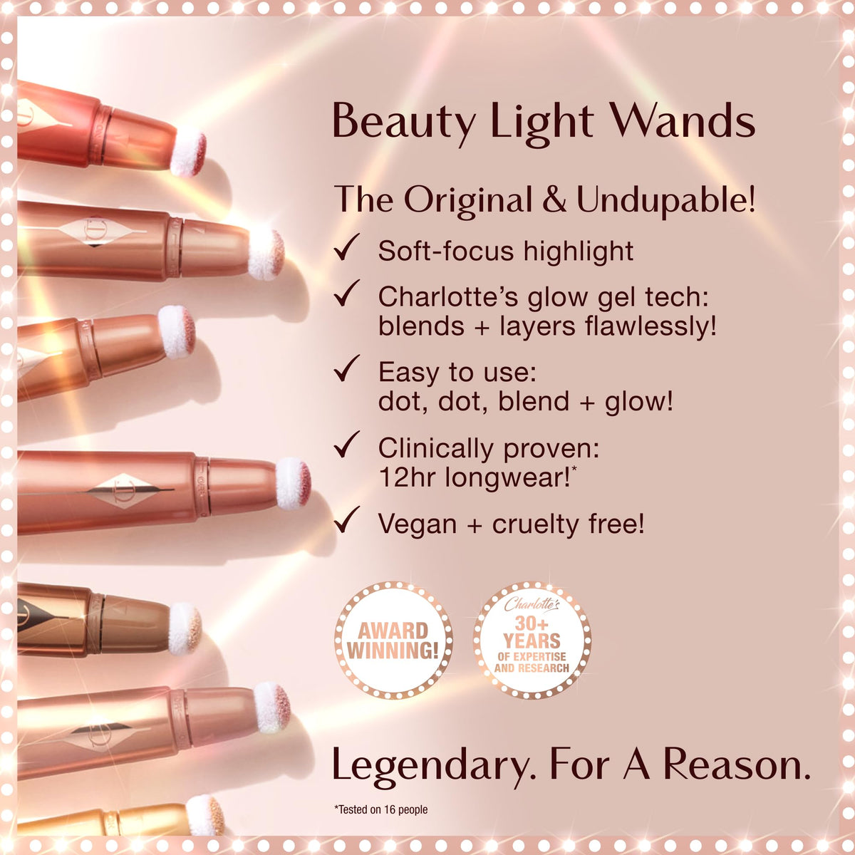Charlotte Tilbury wand held in hand to show scale and portable beauty tool convenience