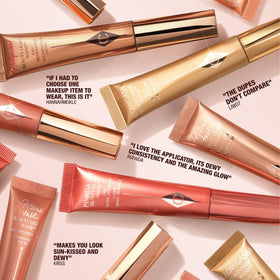 Charlotte Tilbury product in a glam setting illustrating camera-ready, red-carpet glow