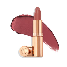 Charlotte Tilbury front view of Pillow Talk Medium lipstick showing elegant case and shade benefit