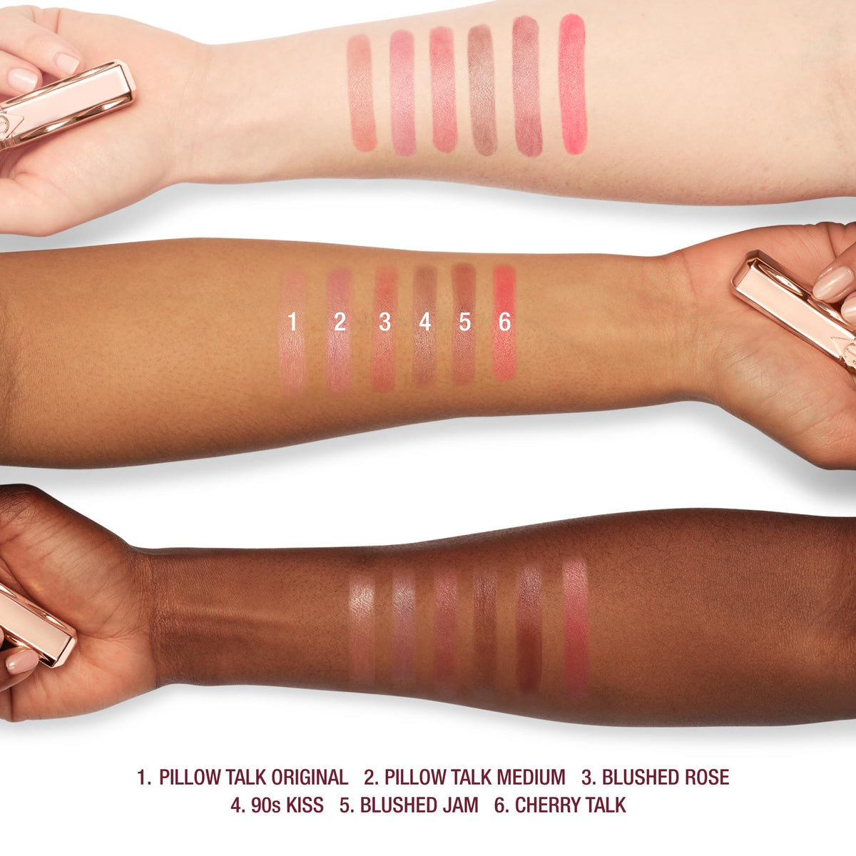 Charlotte Tilbury multiple Pillow Talk shades lined up showing colour options
