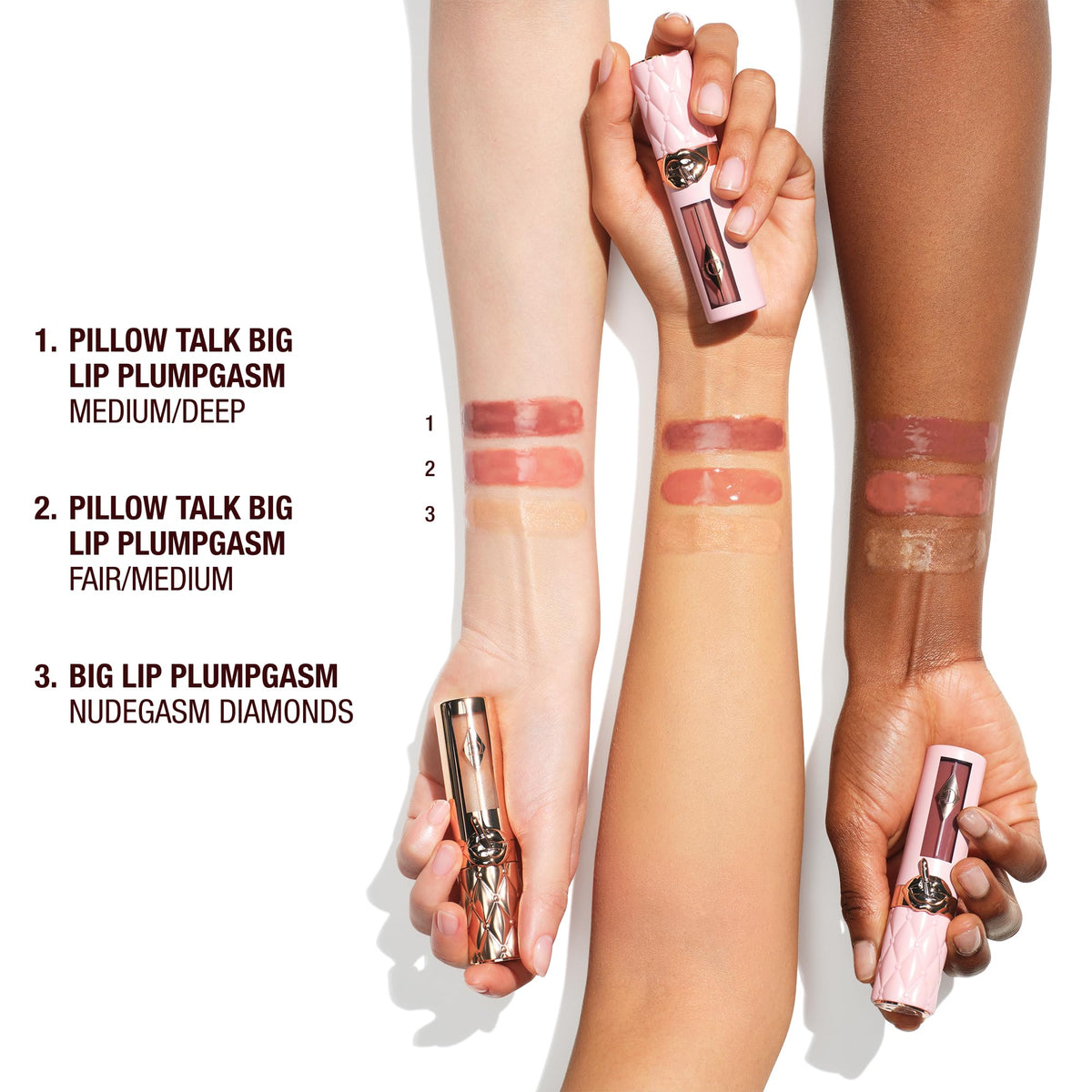 Charlotte Tilbury product placed beside Pillow Talk lipstick to show layering ability