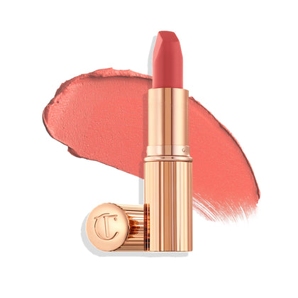 Charlotte Tilbury Sexy Sienna front packaging shows elegant tube and coral shade benefit: gift-ready elegance