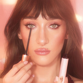 Charlotte Tilbury Super Black swatch demonstrating deep jet-black definition