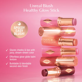 Charlotte Tilbury applying blush stick to cheek showing quick glide and instant healthy glow benefit