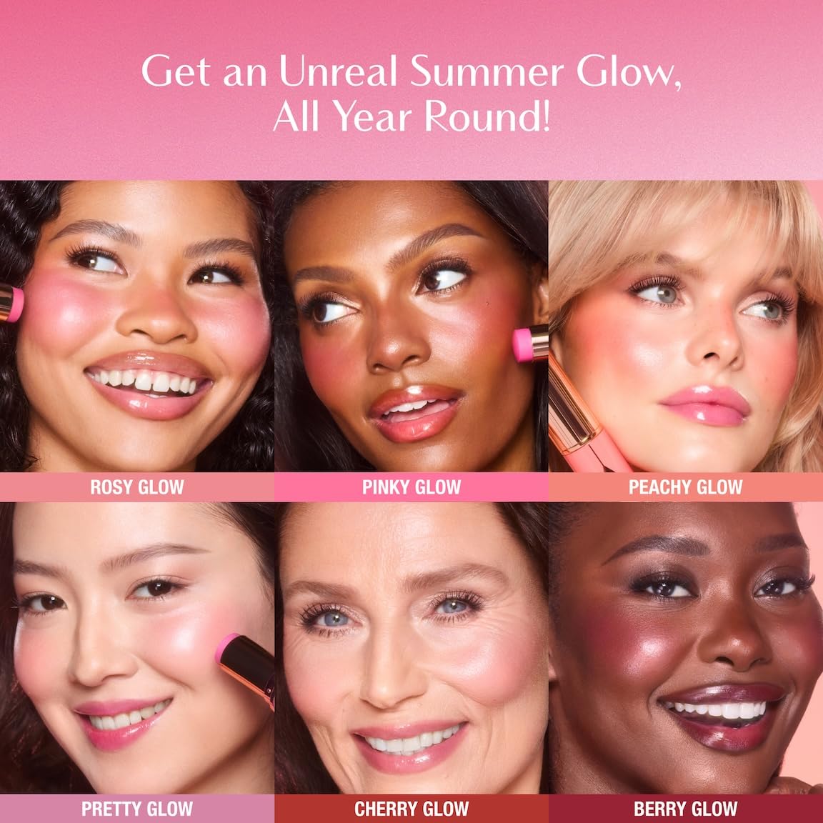 Charlotte Tilbury Unreal Blush Stick shades array flatlay showing color range for versatile looks