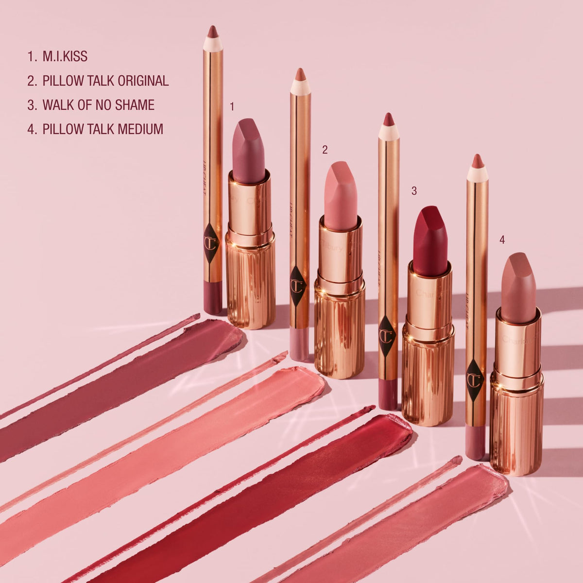 Charlotte Tilbury lipstick next to liner pencil showing size and application tool benefit