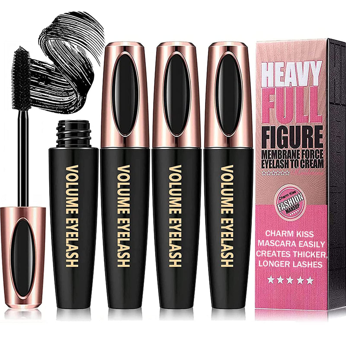 Charm Kiss front packaging showing three mascara tubes for value and convenience