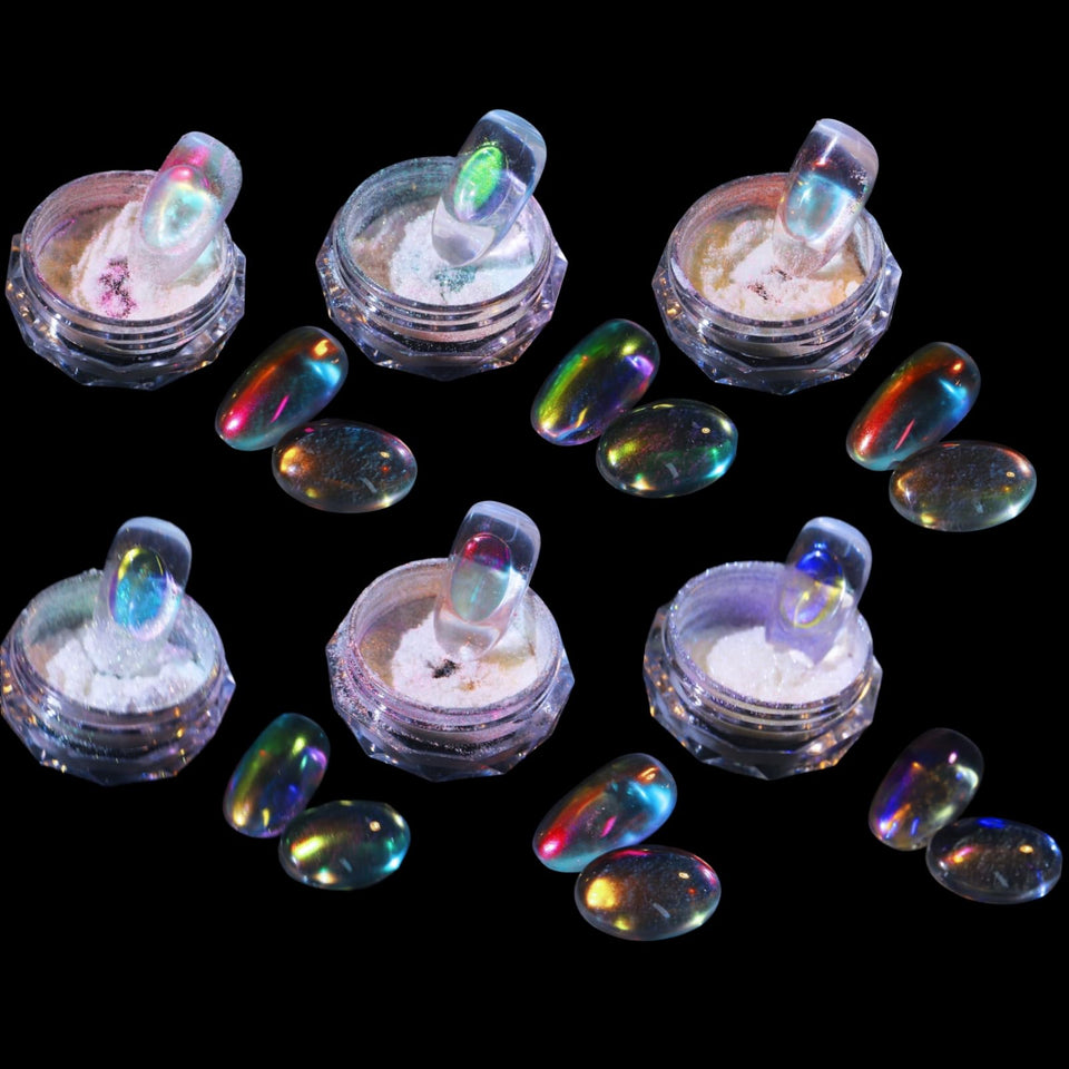CHARMING MAY front packaging showing six aurora powder jars and applicators for vivid color