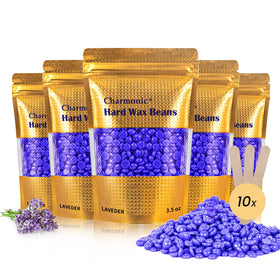 Charmonic bag of lavender hard wax beads shows product packaging and benefits