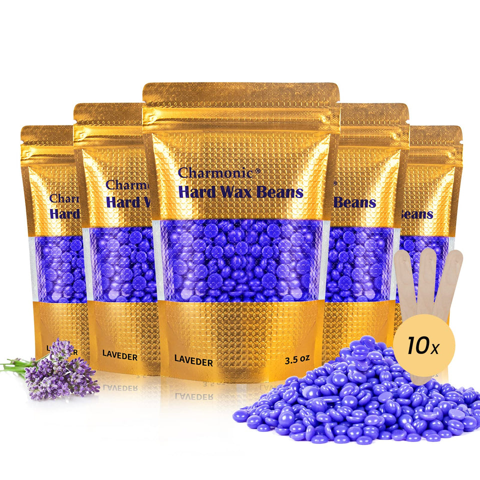 Charmonic bag of lavender hard wax beads shows product packaging and benefits