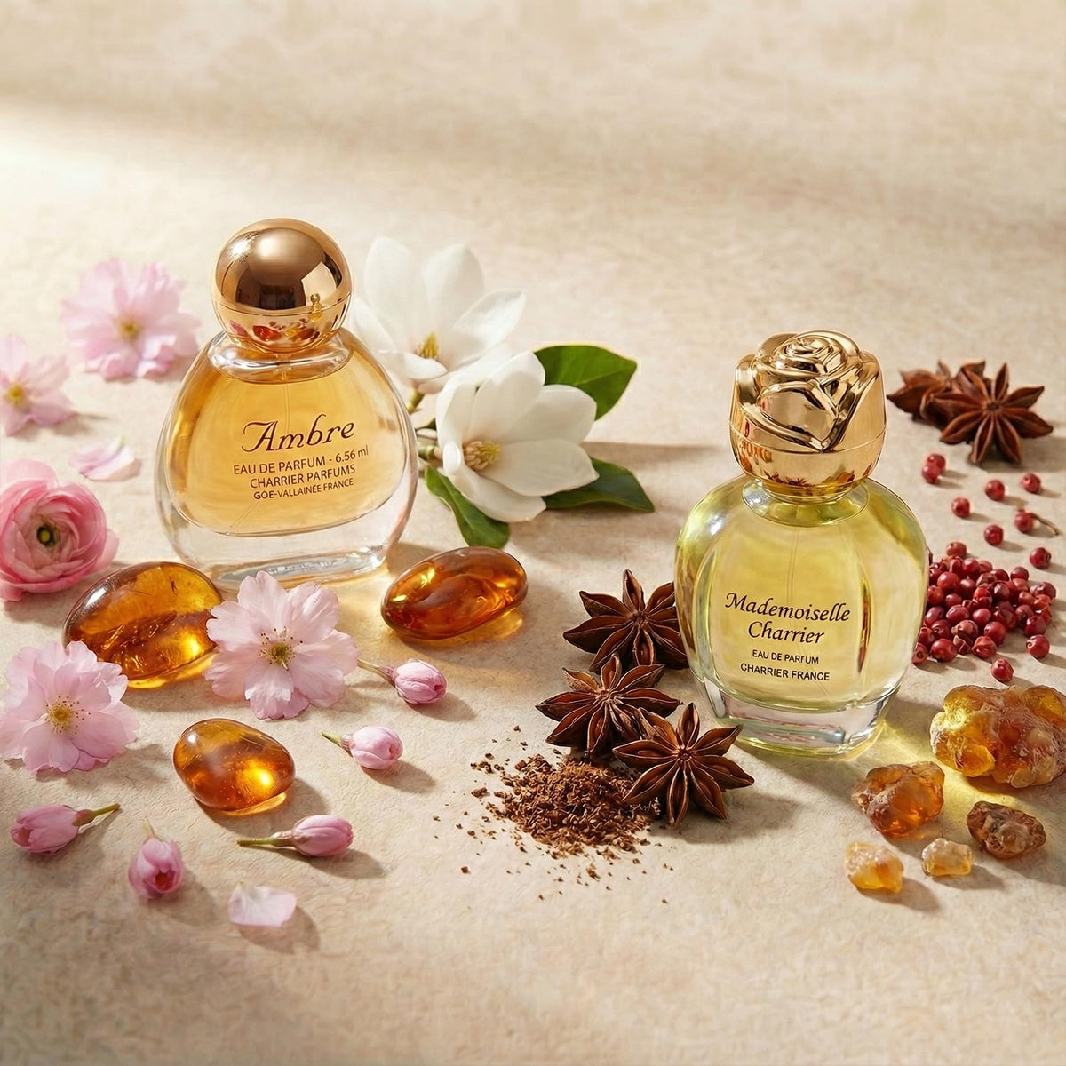 Charrier Parfums bottle held in hand demonstrating compact travel-friendly size benefit