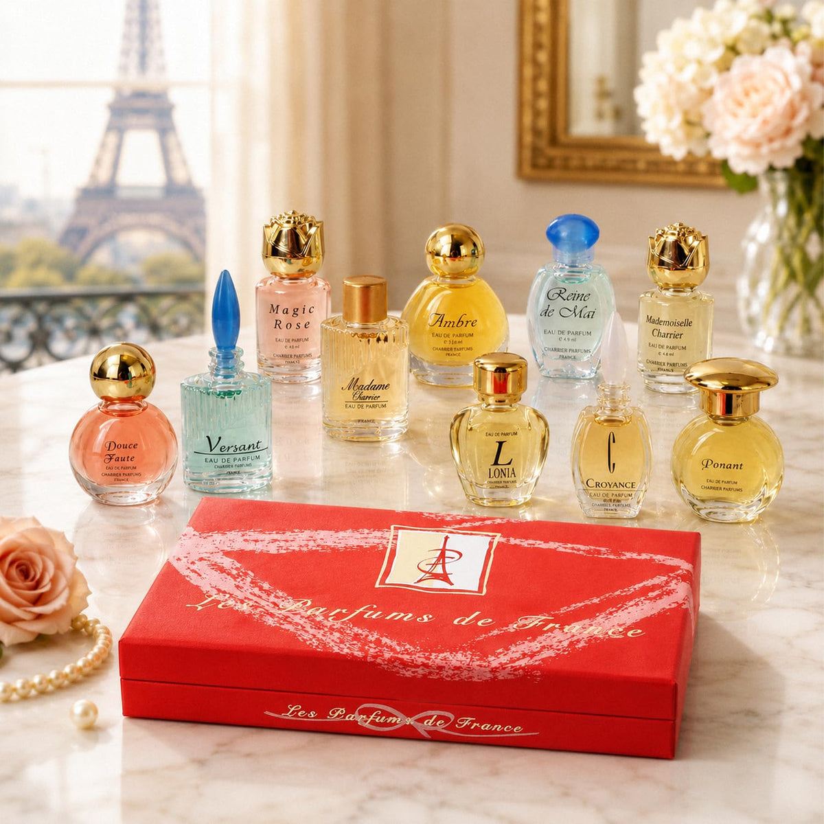 Charrier Parfums gift box styled in Provence setting conveying authentic regional origin benefit