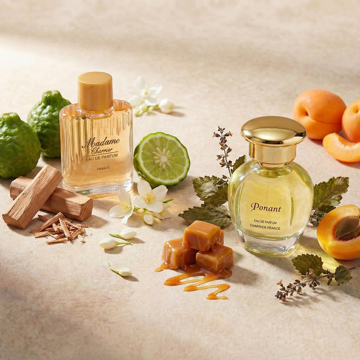 Charrier Parfums collection opened flat displaying ten miniatures for convenient sampling benefit