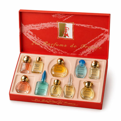 Charrier Parfums gift box front view showcasing elegant red packaging and discovery benefit