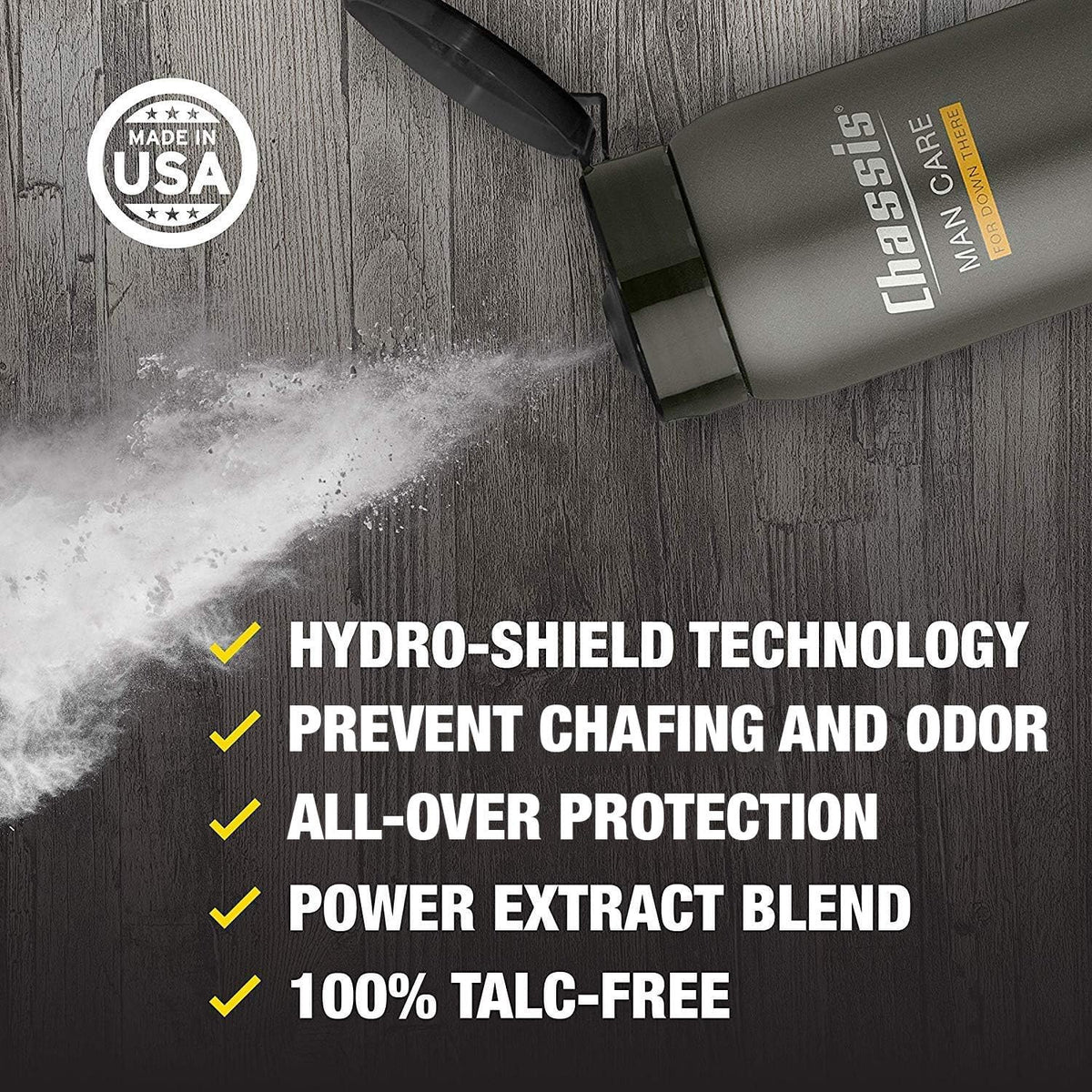 Chassis Ice Max powder closeup texture highlighting fine, absorbent particles for fast dryness