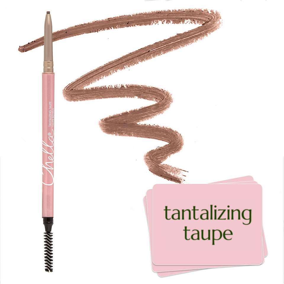 Chella eyebrow pencil front view showing slim waterproof design and taupe shade benefit