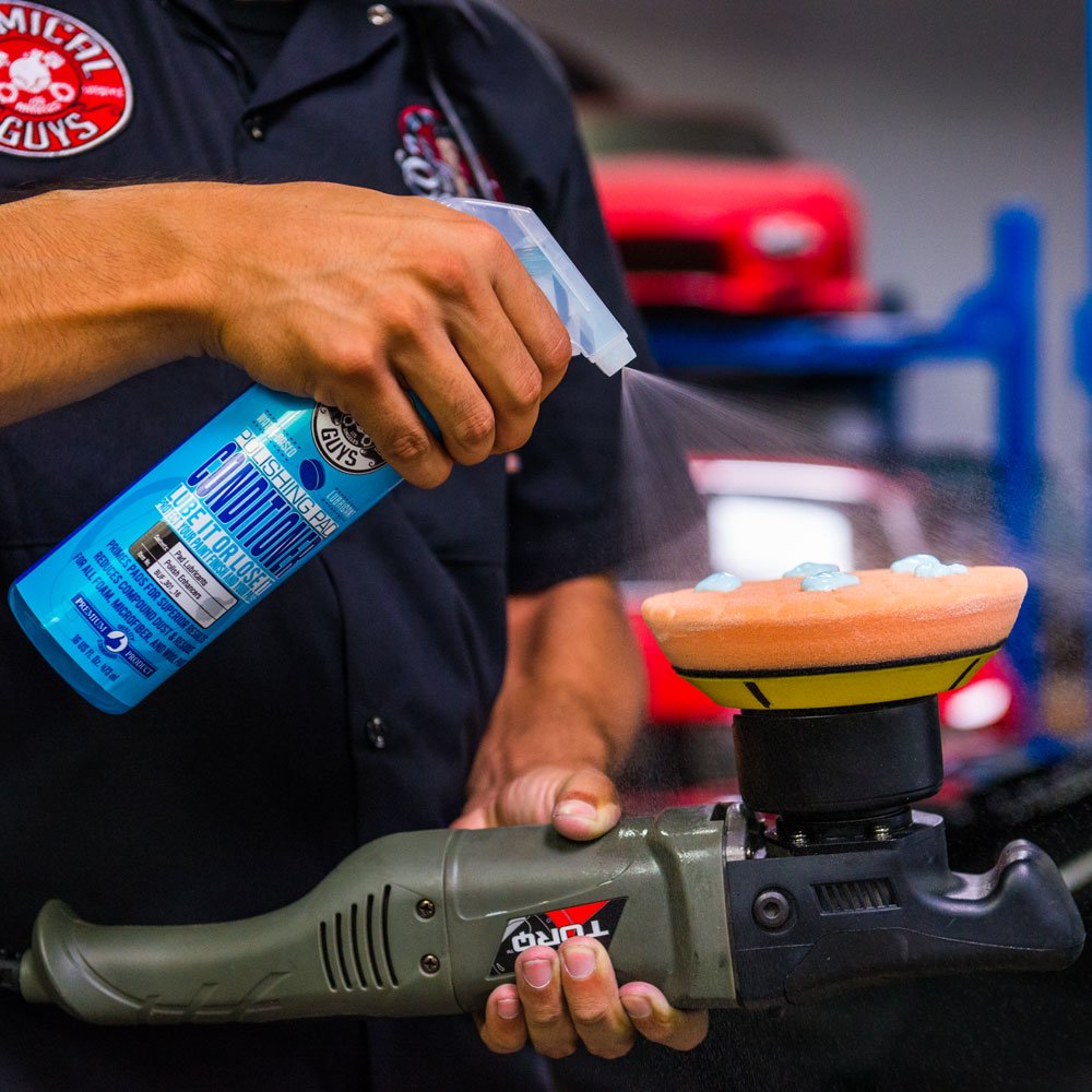 Chemical Guys conditioner used on polisher reducing friction during buffing