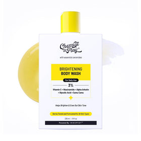 Chemist at Play front packaging showing brightening body wash and benefits