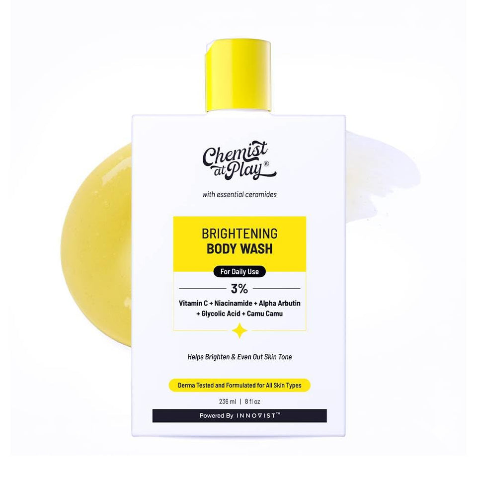 Chemist at Play front packaging showing brightening body wash and benefits