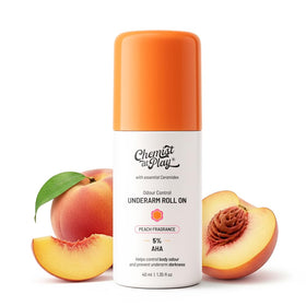 Chemist at Play front packaging showing roll-on bottle and peach scent, promotes gentle exfoliation