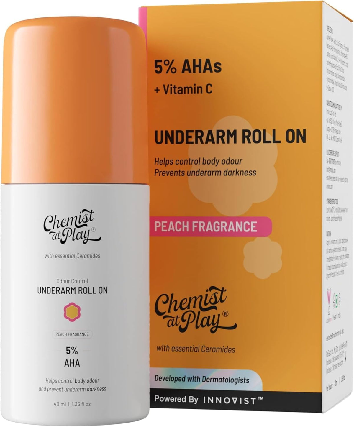 Chemist at Play on bathroom shelf with peach and towel, suggests fresh scent and daily use