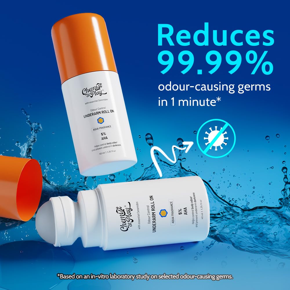 Chemist at Play roll-on beside everyday items showing travel-friendly, portable size benefit