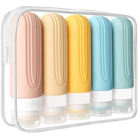 CHEODIN front view of five 3oz travel bottles showing TSA-ready pouch and neat organization