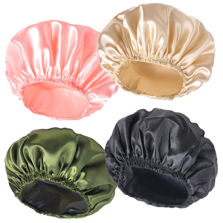 CHFONG front view of 4-pack shower caps showing solid color set and packaging benefit
