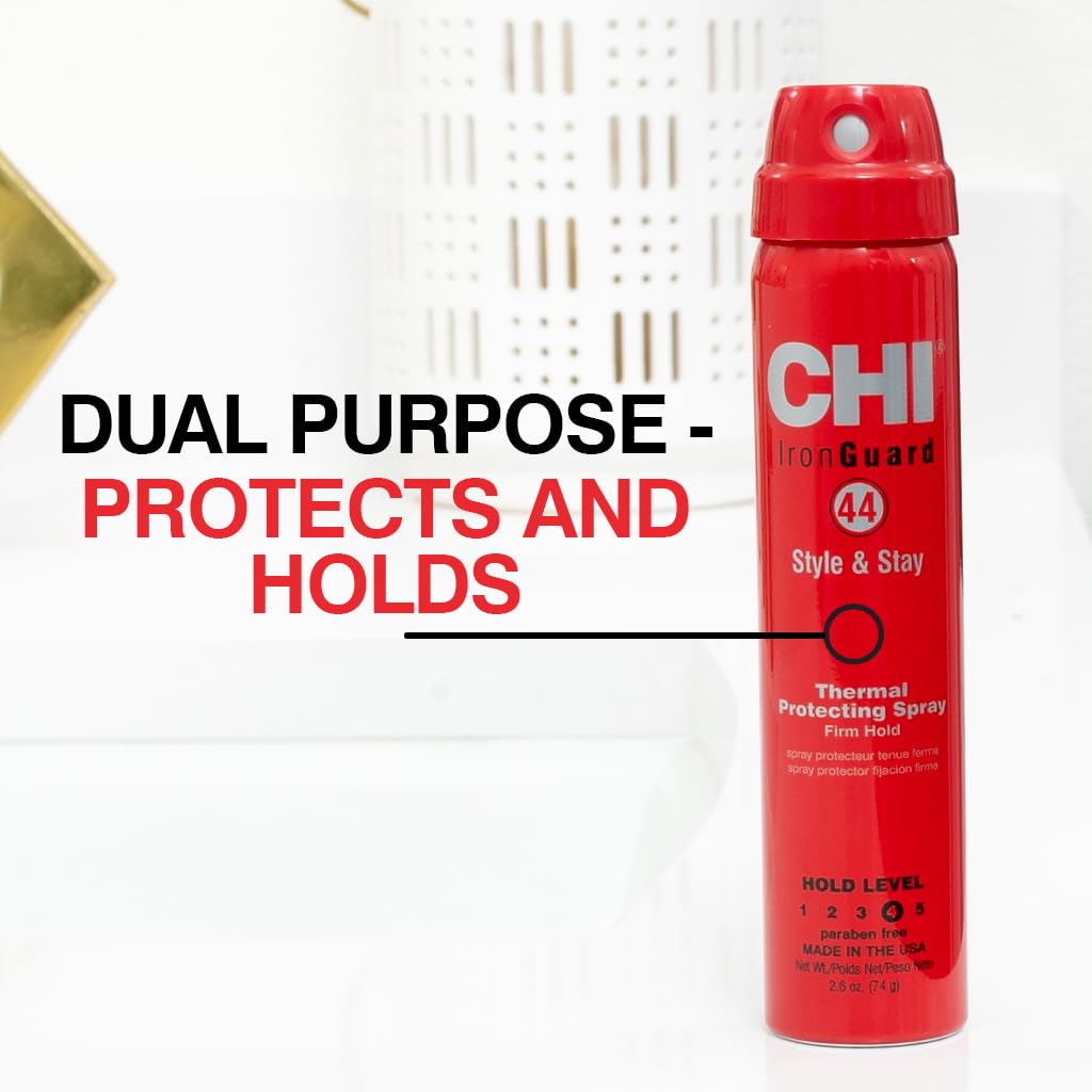 CHI 44 spray used before flat ironing, demonstrating thermal protection benefit