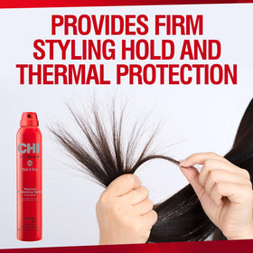 CHI spray action misting onto hair demonstrating even coverage and thermal protection benefit