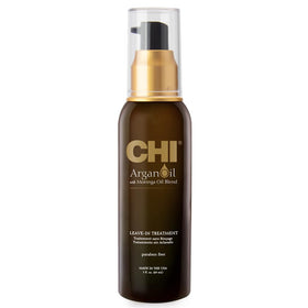 CHI Argan Oil leave-in front packaging showing bottle and label, highlights easy dispensing and travel size benefits