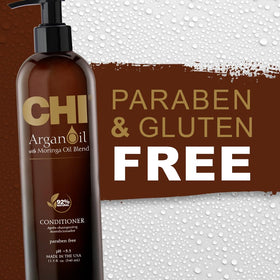 CHI ingredient label close-up highlighting argan and moringa oils benefits