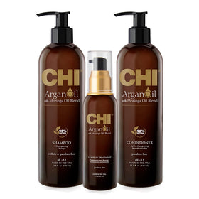 CHI argan oil trio front packaging showing shampoo, conditioner and moringa oil for salon shine