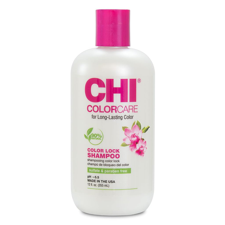 CHI front packaging shows 12 oz bottle protecting color and adding shine