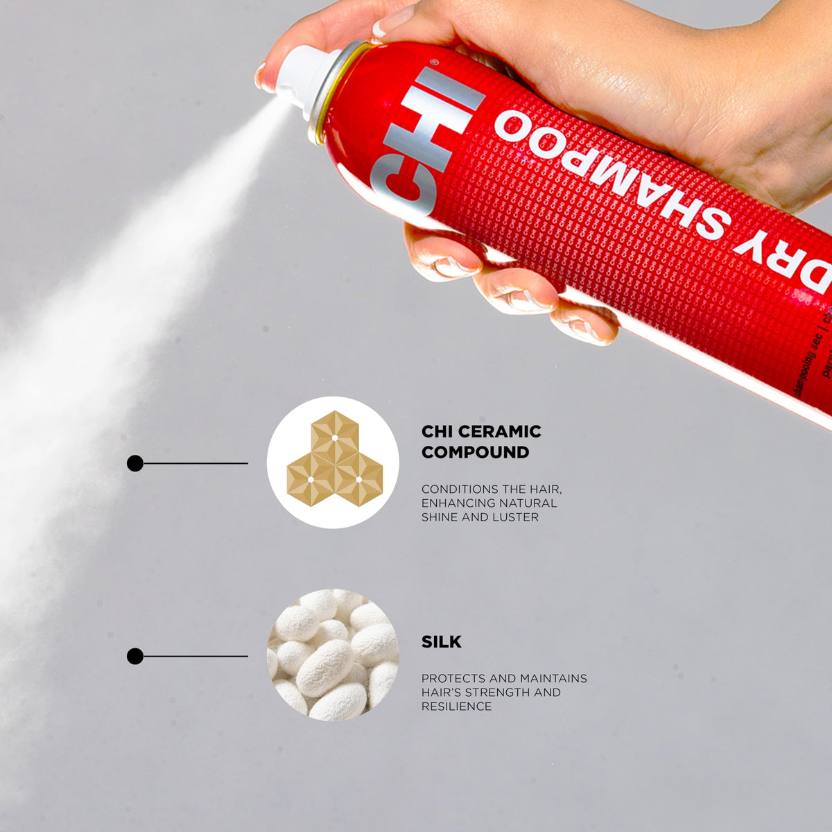 applying CHI dry shampoo to roots to absorb oil and refresh hair