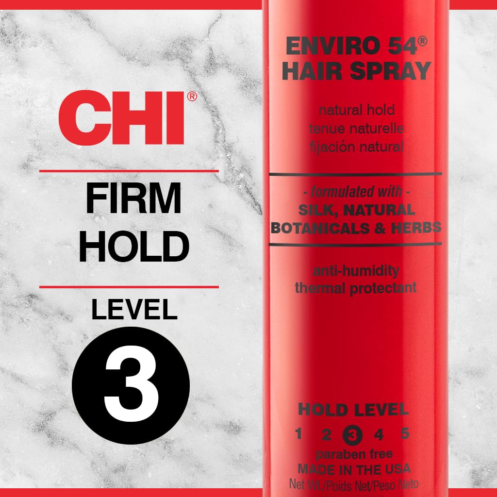 CHI Enviro 54 spraying onto styled hair for flexible hold and finish