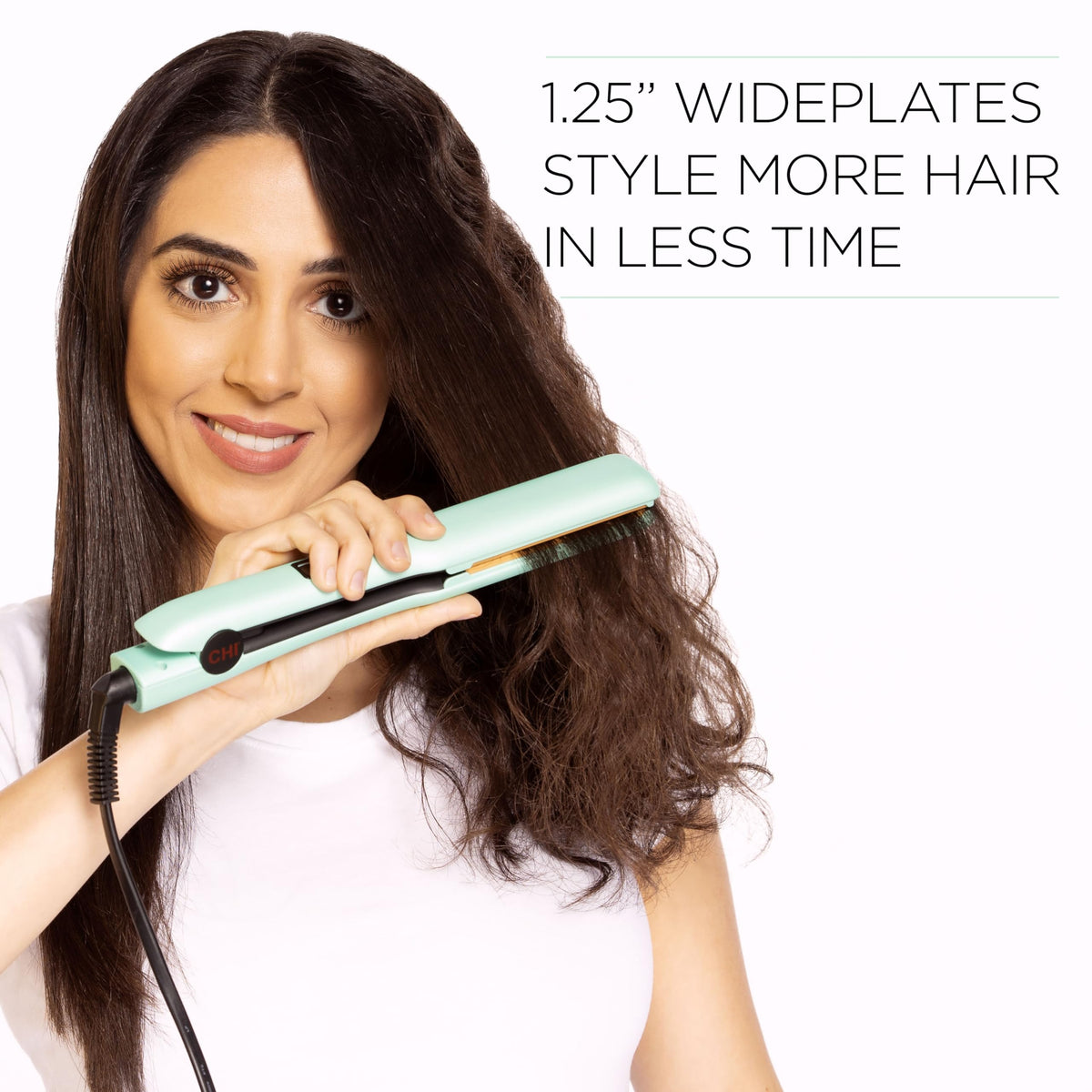 CHI styling hair with flat iron in use creating sleek straight hair quickly and efficiently benefit
