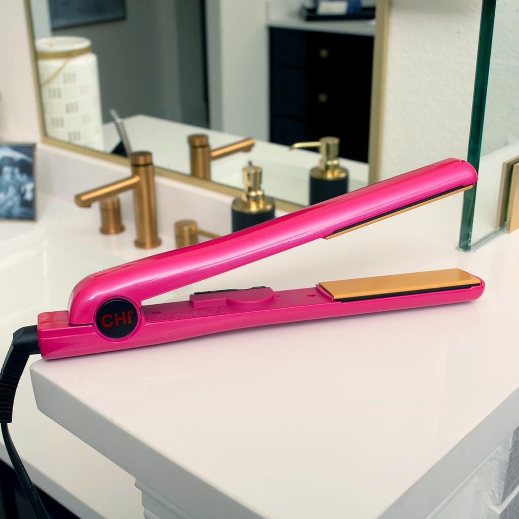 CHI flat iron next to heat protectant bottle illustrating safer styling routine benefit
