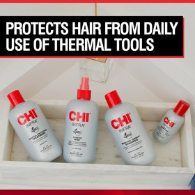 CHI treatment being applied in salon providing thermal protection and shine