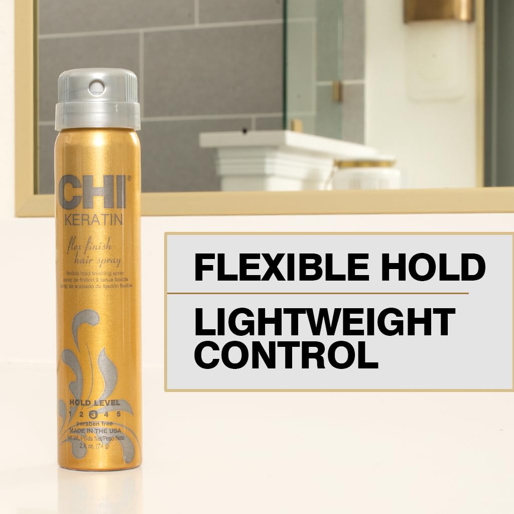 CHI Keratin Flex mist close-up demonstrating fine spray for even, lightweight hold