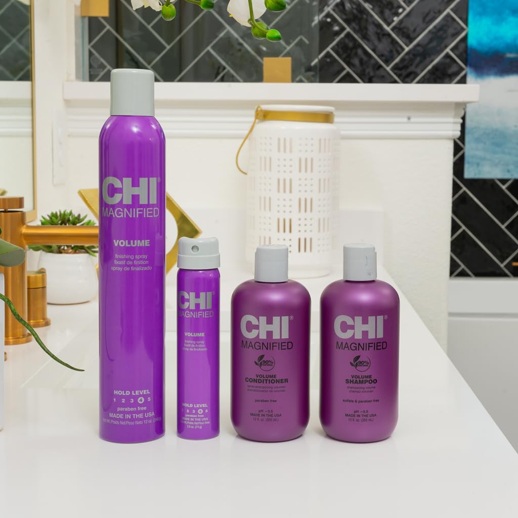 CHI conditioner placed on a bathroom shelf with styling tools showcasing salon-ready volume benefits
