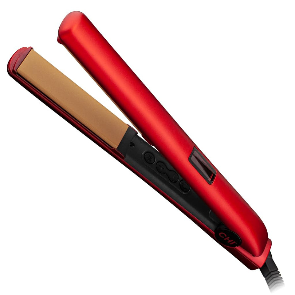 CHI flat iron front view showing digital display and ergonomic grip for precise styling