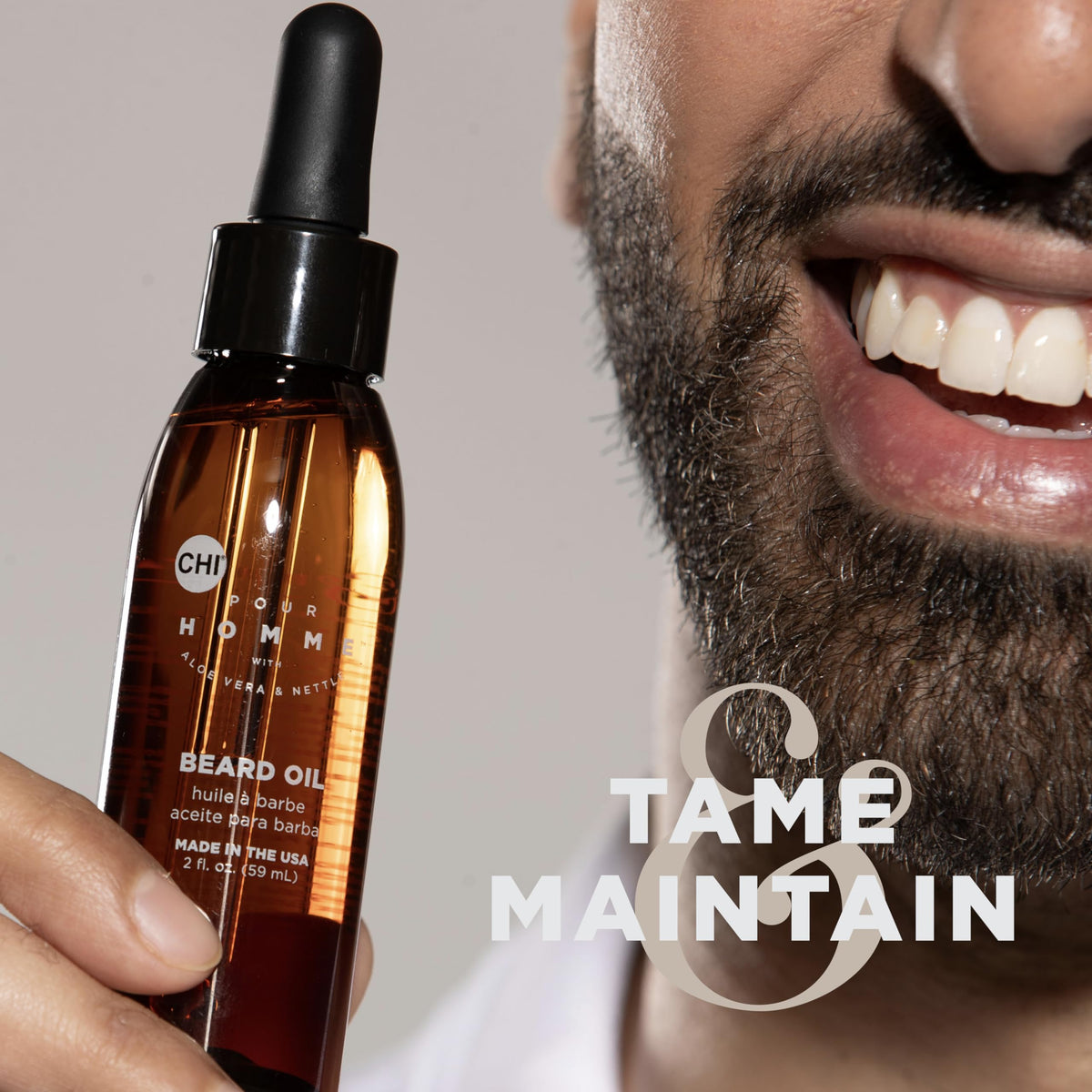 CHI Pour Homme before and after beard comparison showing improved manageability