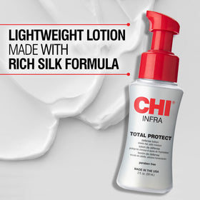 CHI being applied to damp hair highlighting moisture lock-in and protection before heat styling