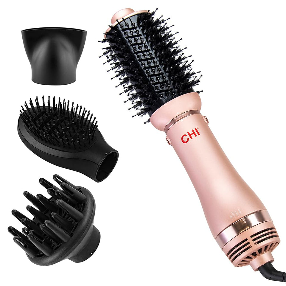 CHI Volumizer front view rose gold showing attachments and handle, highlights convenience